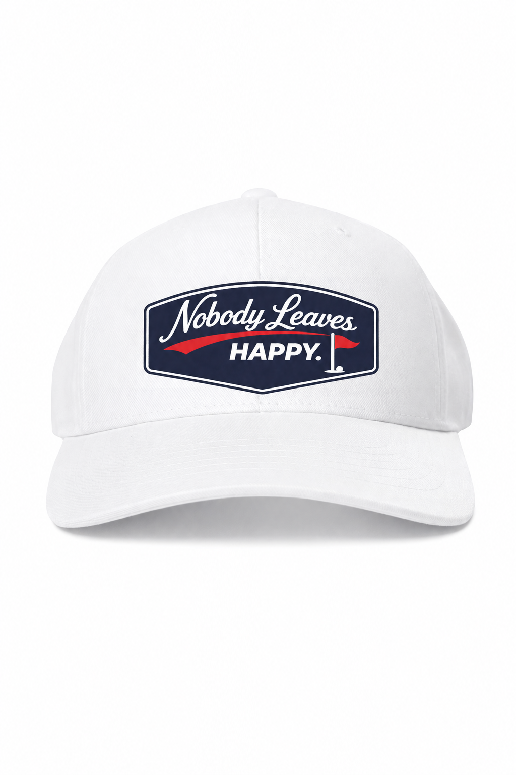 Nobody Leaves Happy Logo Golf Hat - White with Navy Patch