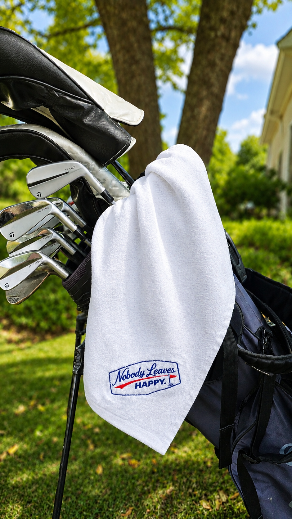 Nobody Leaves Happy Golf Towel - White